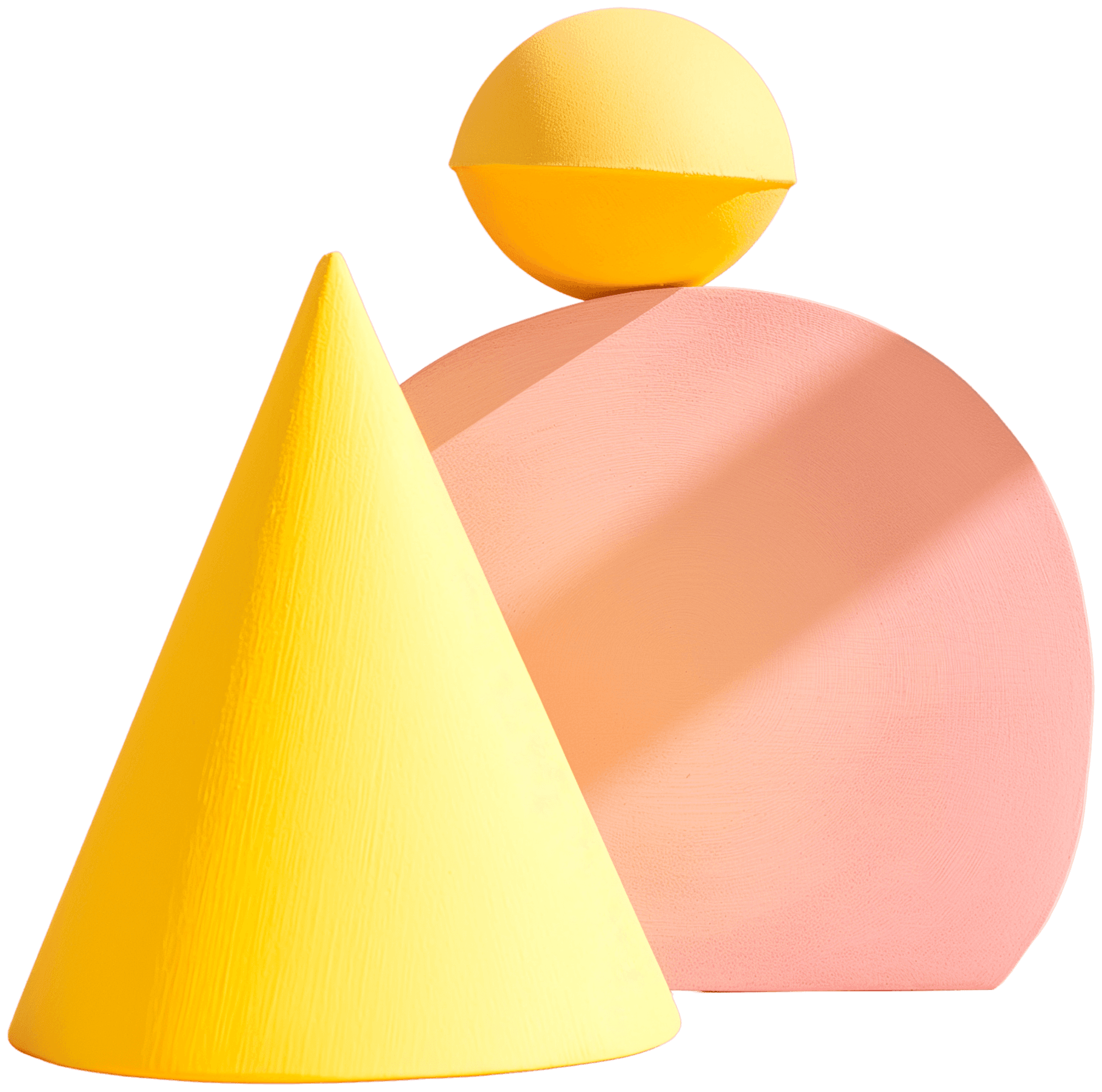 Yellow cone and sphere with a pink semicircle against a white background, casting soft shadows.