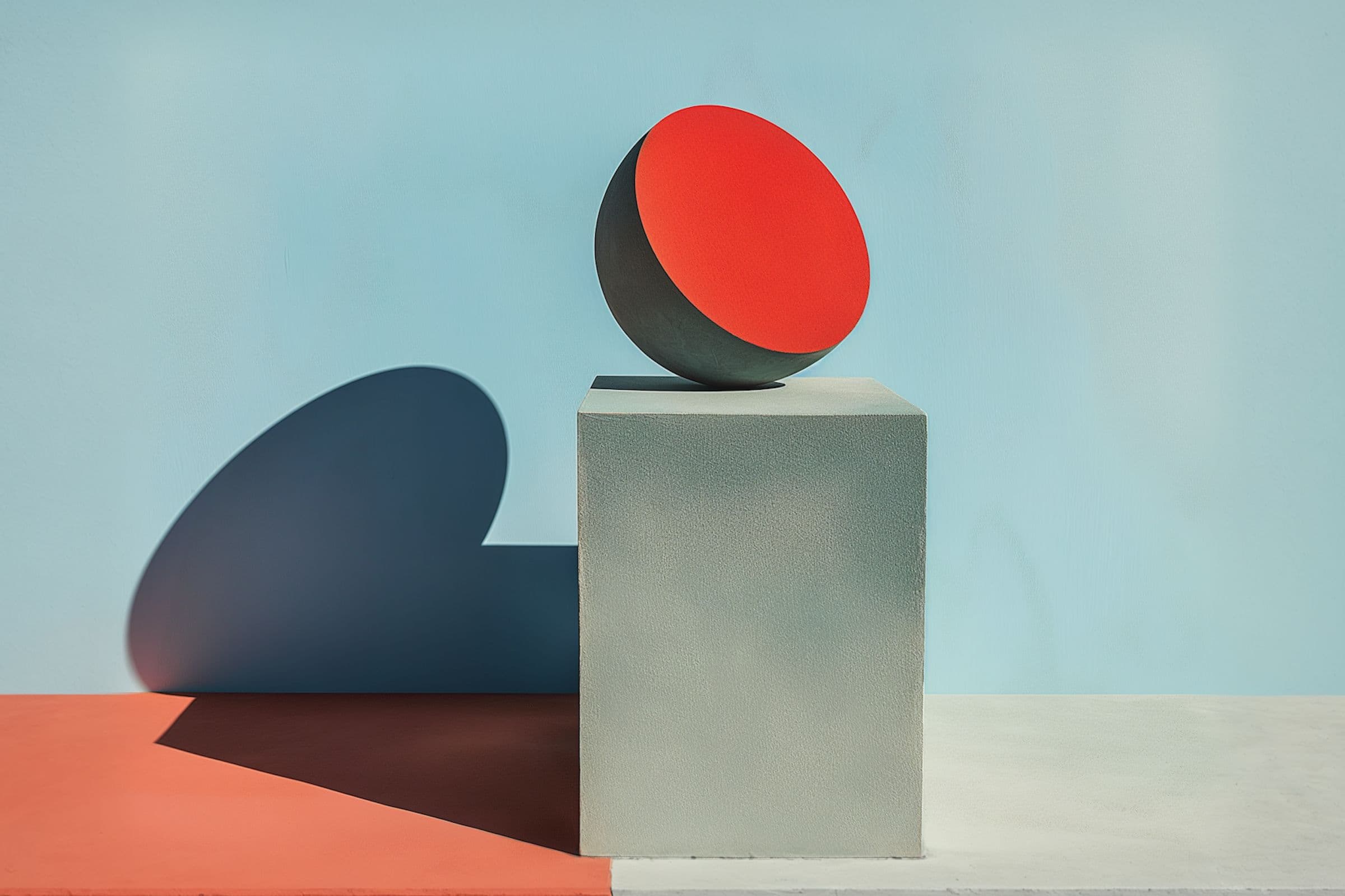 A red hemisphere sits on a gray cube against a light blue wall, casting a shadow on a red and white surface.
